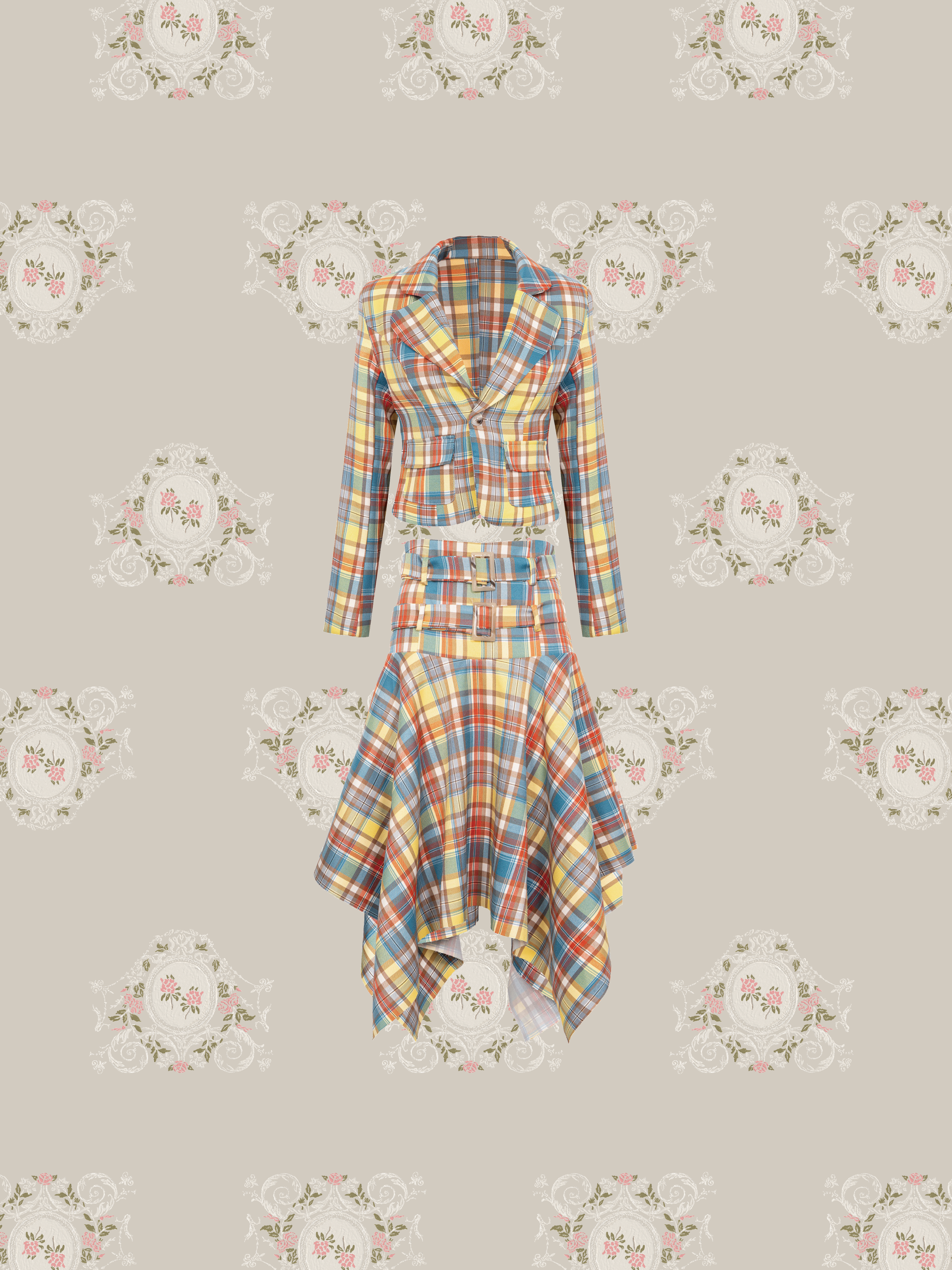 Vintage Plaid Asymmetric Skirt Set Up