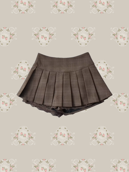 Preppy Lace Piping Pleats Skirt 