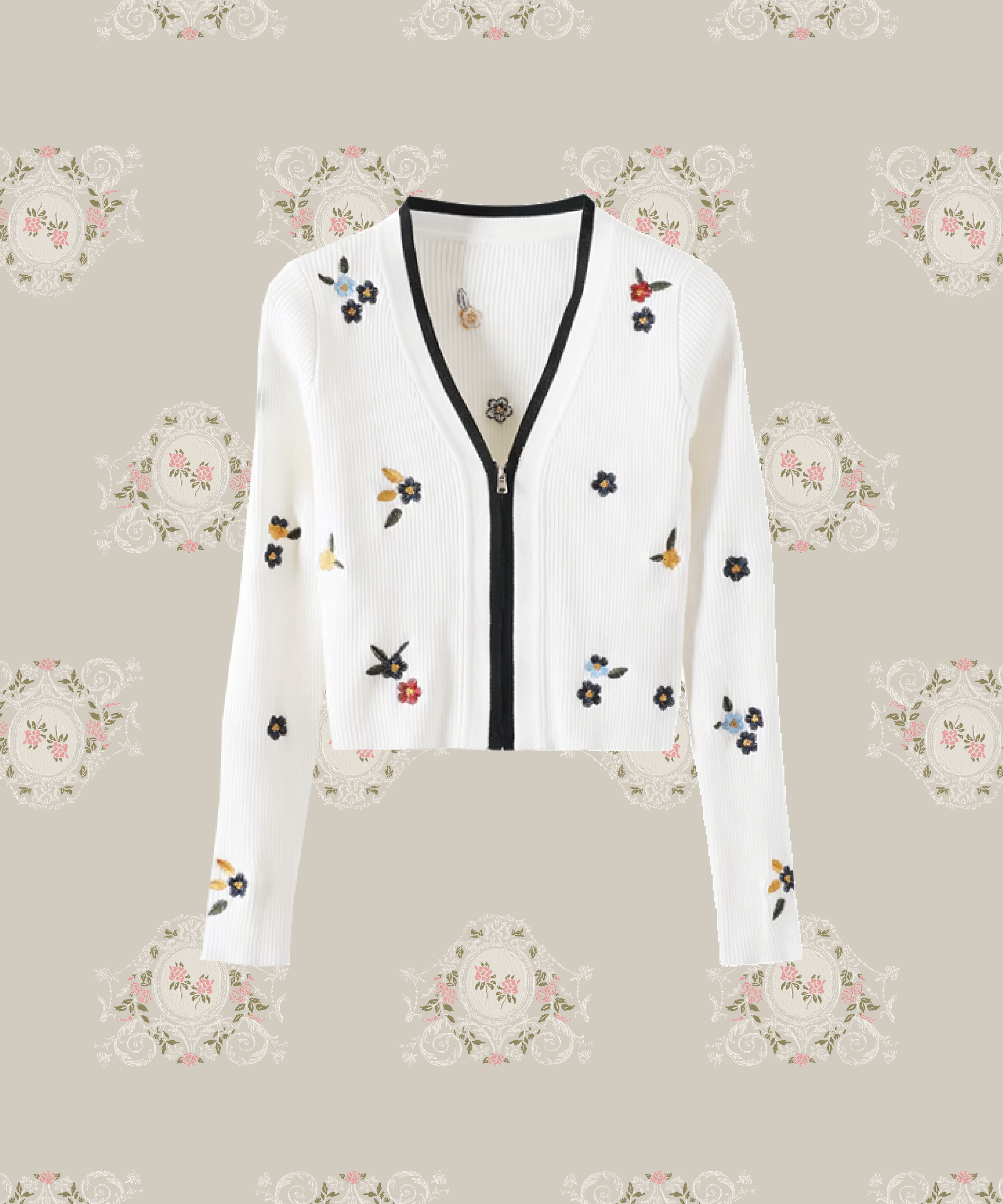 Garden Embroidery Zip Short Cardigan 