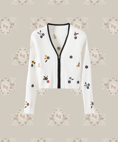 Garden Embroidery Zip Short Cardigan