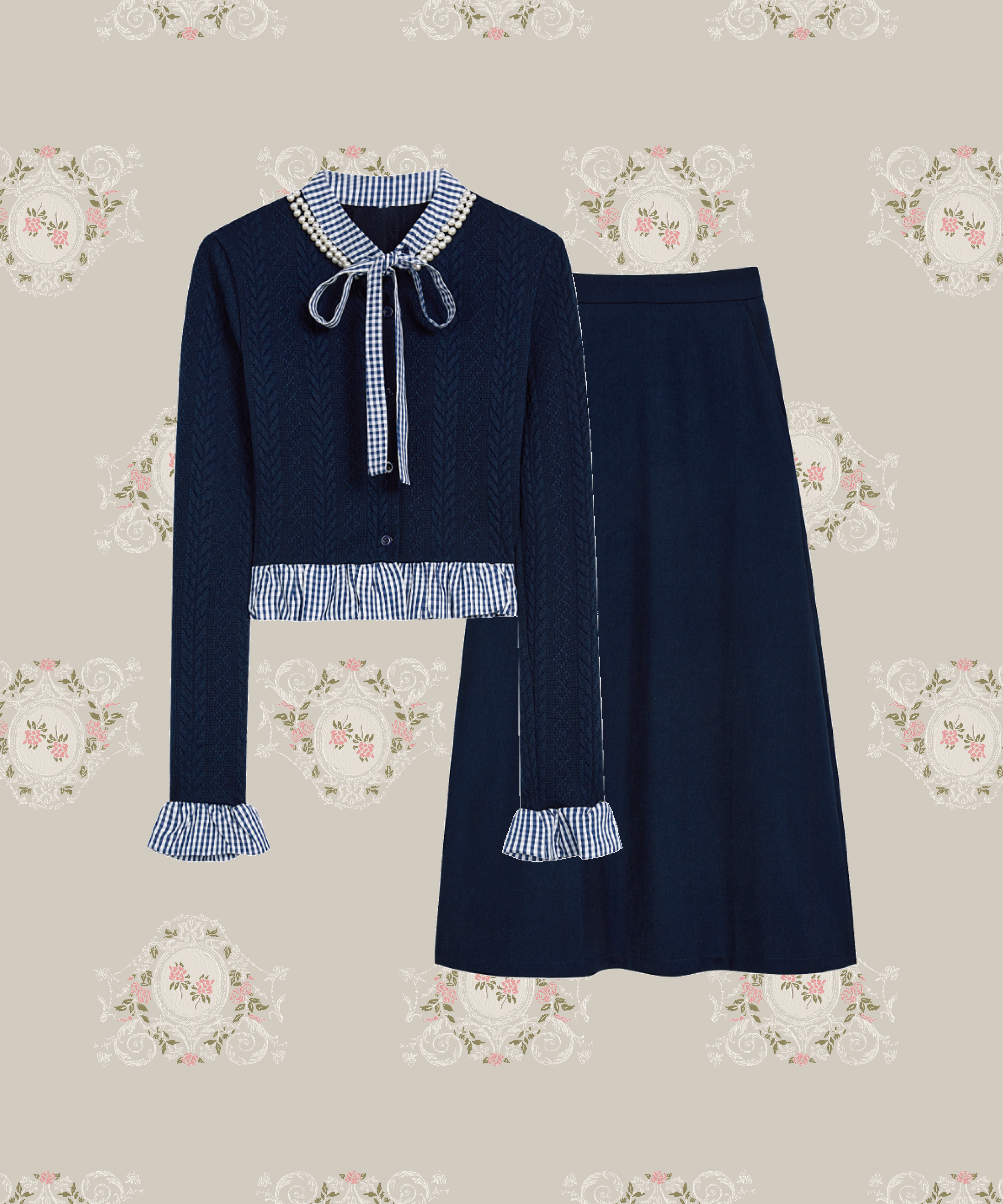 Pearl Deco Navy Knit Set-Up パールデコネイビーニットセットアップ