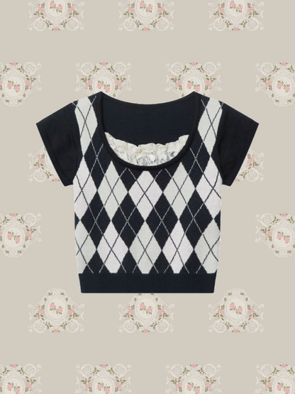 Lace Stiched Argyle Top/レースステッチアーガイルトップス