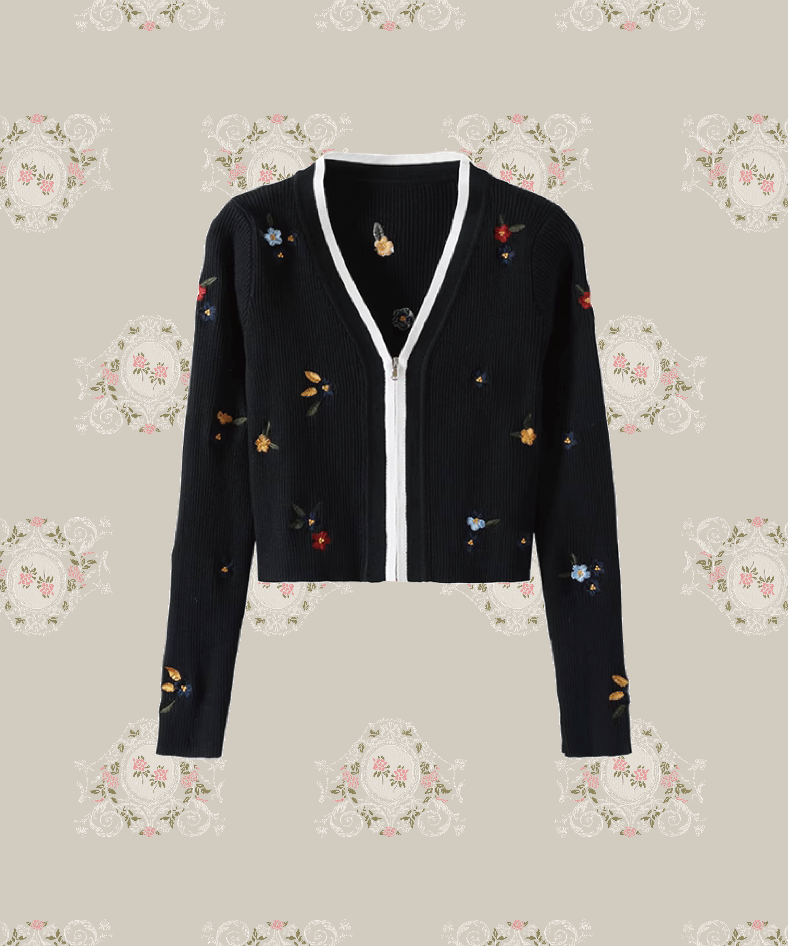 Garden Embroidery Zip Short Cardigan