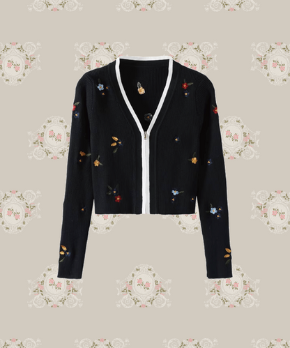 Garden Embroidery Zip Short Cardigan