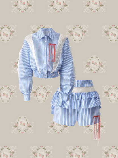 Lace Stitching Stripe Shirt Set-Up/レースステッチストライプシャツセットアップ