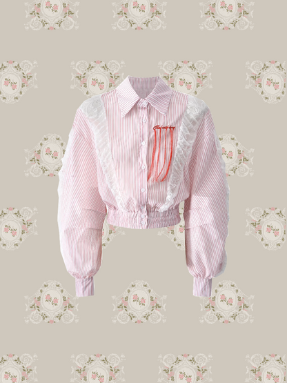 Lace Stitching Stripe Shirt Set-Up/レースステッチストライプシャツセットアップ