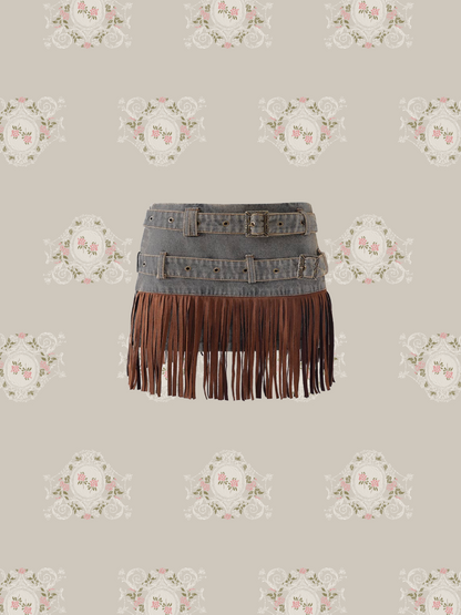 Distress Fringe Stitch Denim Mini Skirt/ディストレスフリンジステッチデニムミニスカート