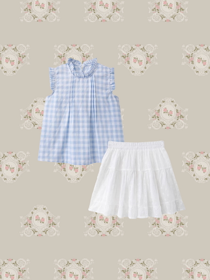Sky Blue Ruffle Plaid Vest Set Up/スカイブルーフリルチェック柄ベストセットアップ