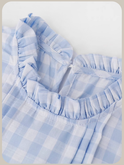 Sky Blue Ruffle Plaid Vest Set Up/スカイブルーフリルチェック柄ベストセットアップ