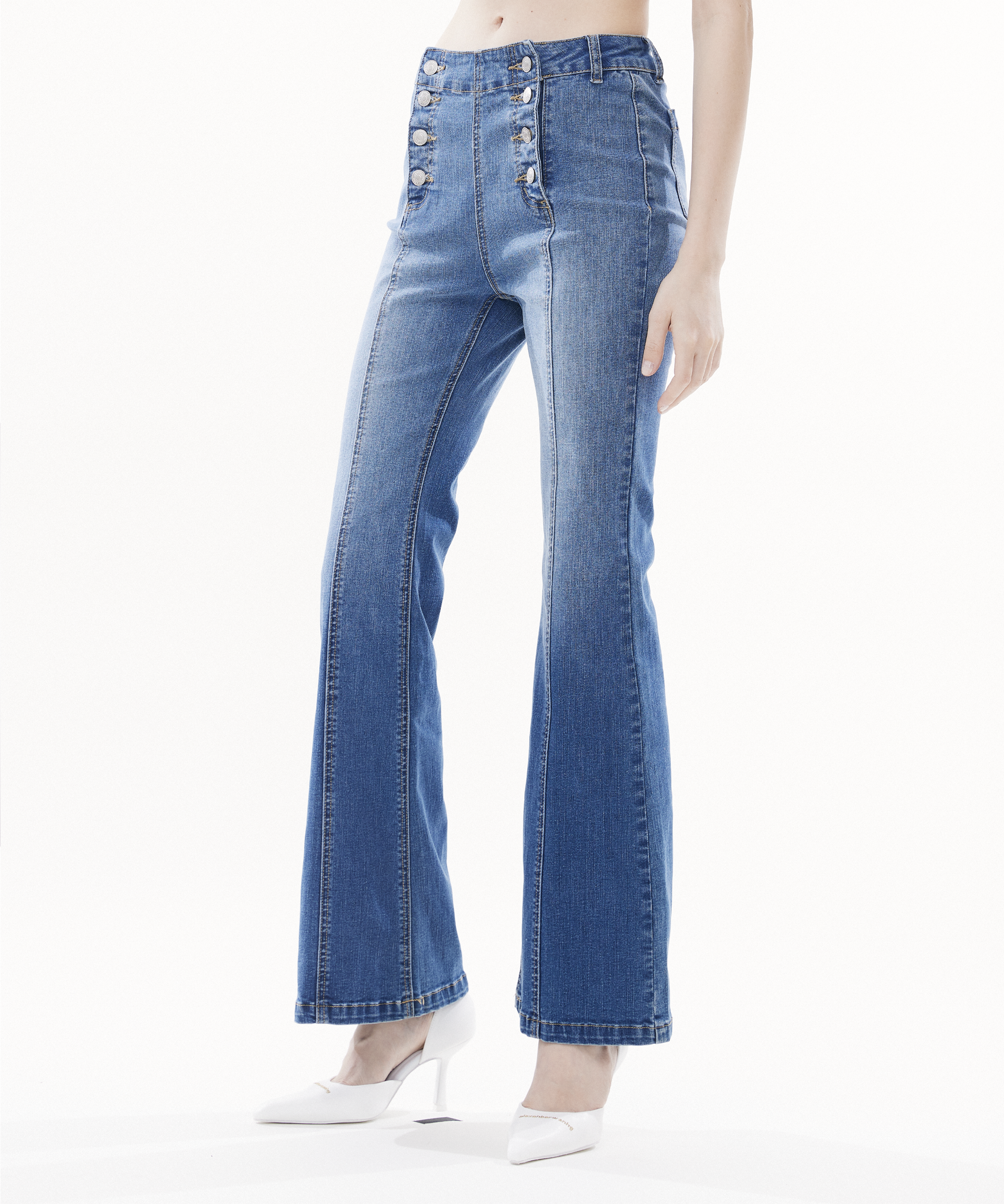 Water-washed high-waisted flared stretch denim 