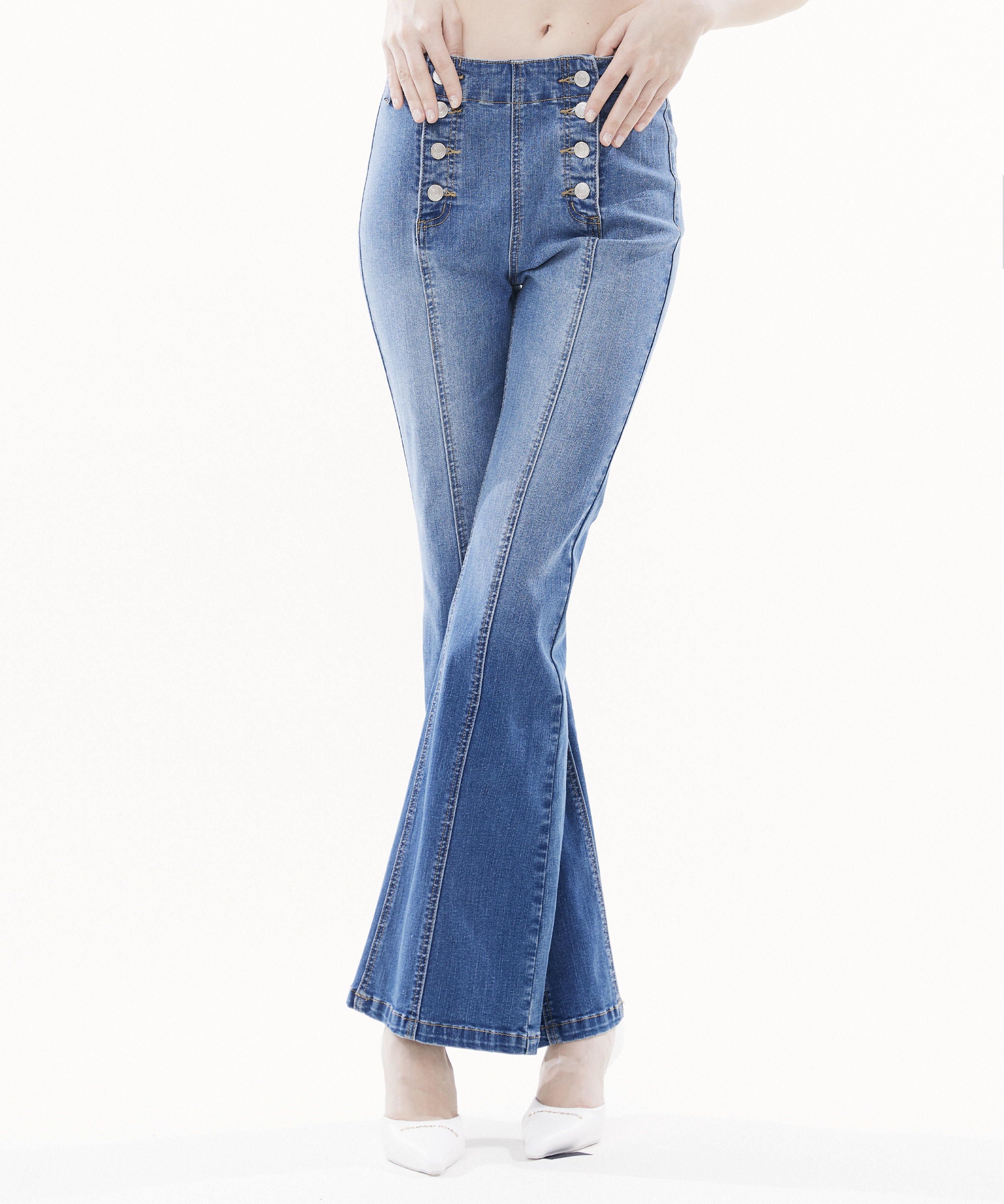 Water-washed high-waisted flared stretch denim 