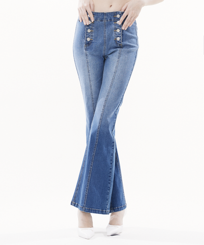 Water-washed High-waisted Flared Stretch Denim