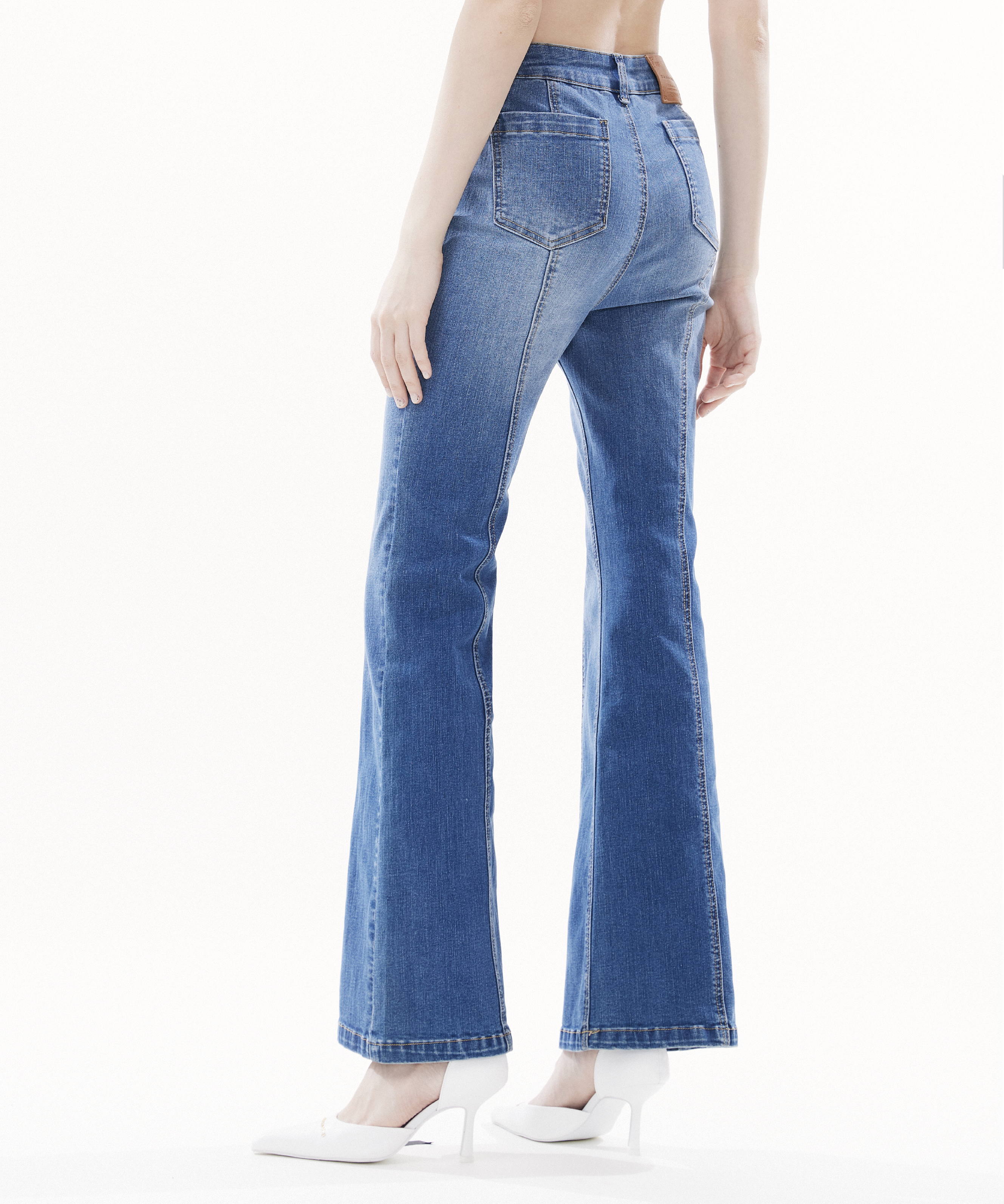 Water-washed high-waisted flared stretch denim 