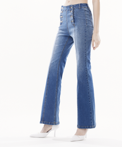 Water-washed High-waisted Flared Stretch Denim