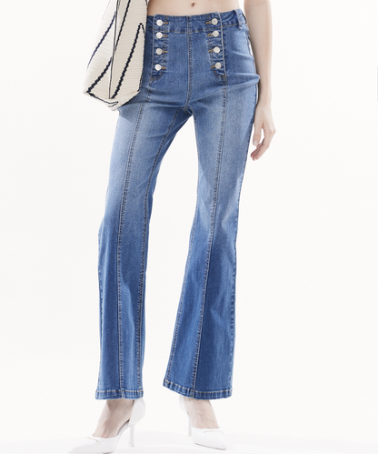 Water-washed High-waisted Flared Stretch Denim