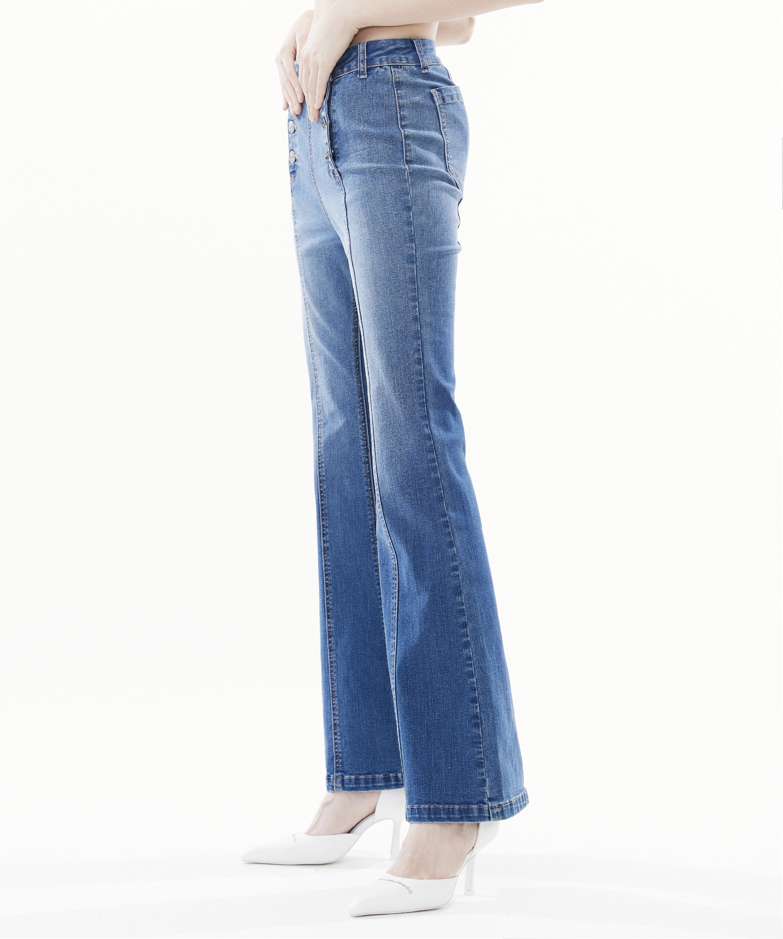 Water-washed high-waisted flared stretch denim 