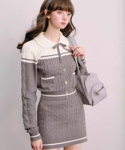 Polo Collar Knitted Sweater &amp; Cable Mini Skirt 