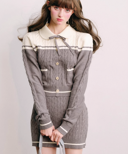 Polo Collar Knitted Sweater &amp; Cable Mini Skirt 