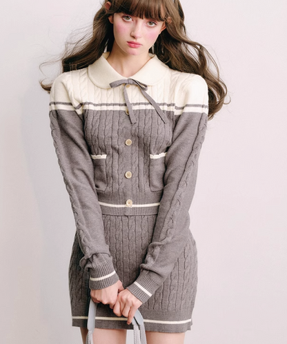 Polo Collar Knitted Sweater ＆ Cable Mini Skirt