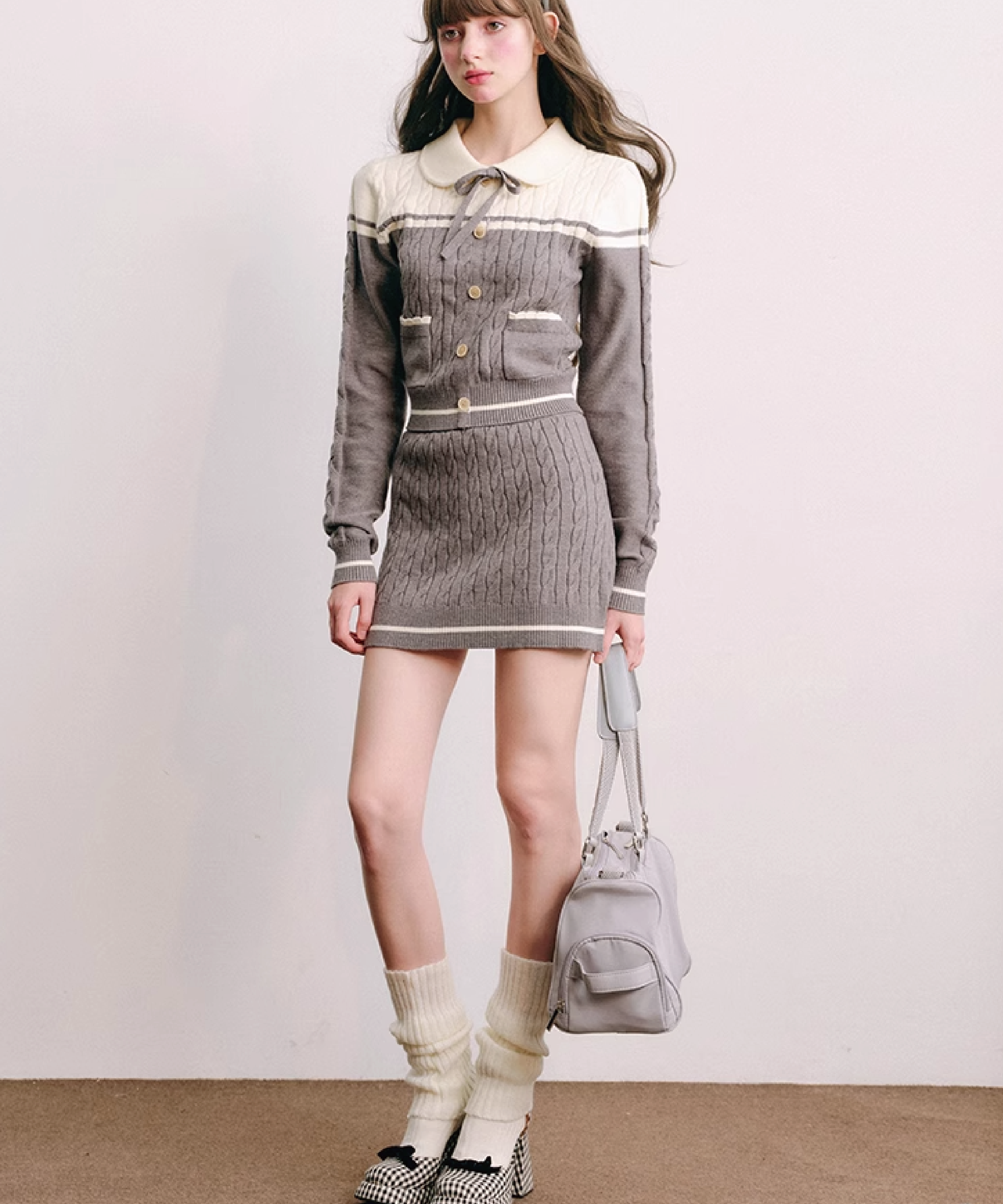 Polo Collar Knitted Sweater ＆ Cable Mini Skirt