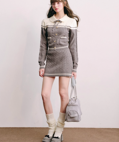 Polo Collar Knitted Sweater ＆ Cable Mini Skirt