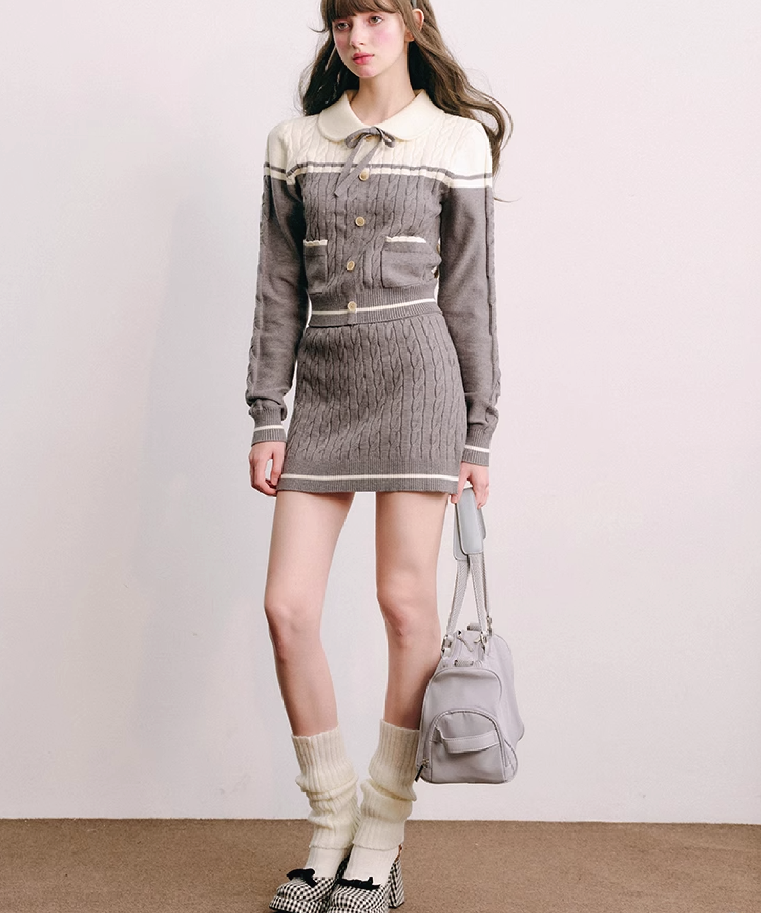 Polo Collar Knitted Sweater &amp; Cable Mini Skirt 