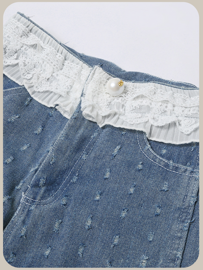 Fringe Design Lace Deco Denim Set Up/フリンジデザイン レースデコ デニムセットアップ