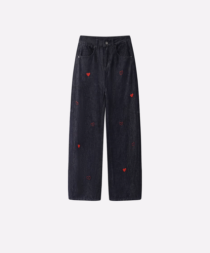 Heart Embroidery Denim Pants