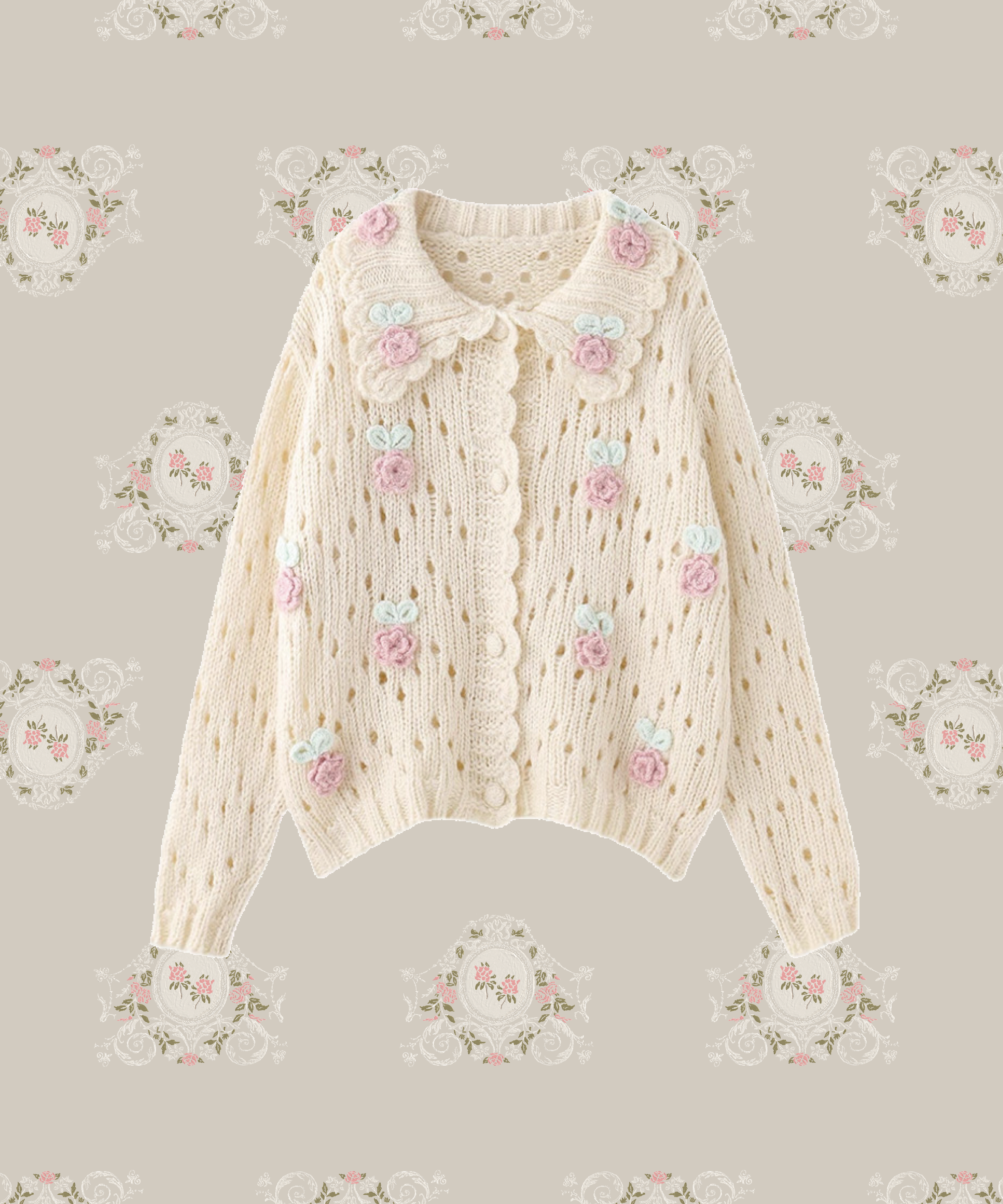 Beige Flower Applique Cardigan 