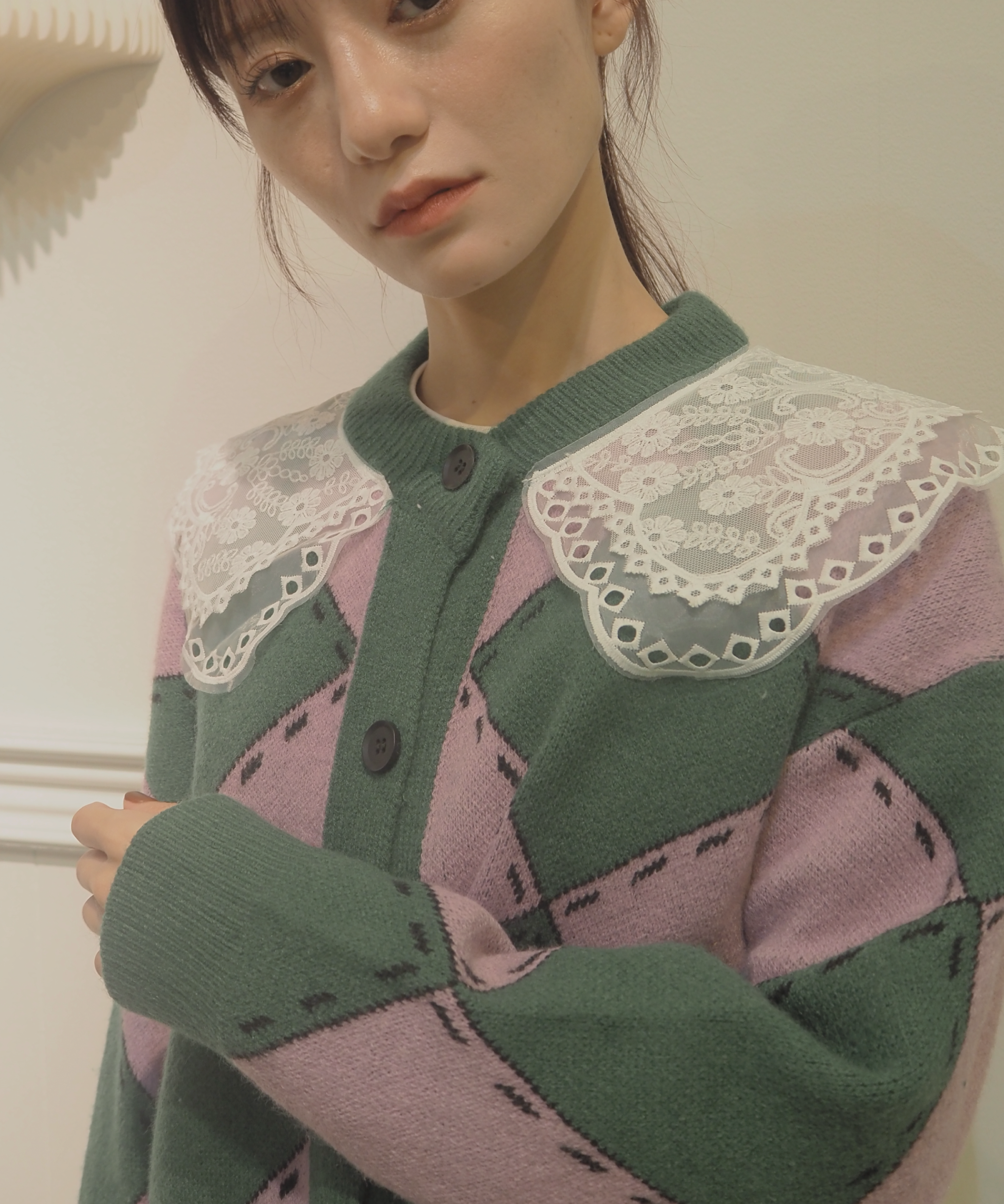 Lace Collar Argyle Cardigan 