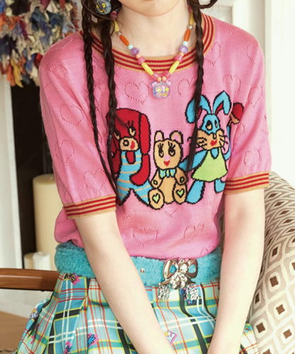 Pink Love Hollow Animal Knit Top 