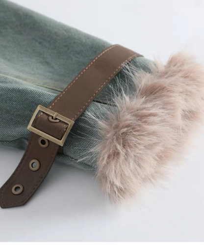 Fur Stitching Denim Down Coat