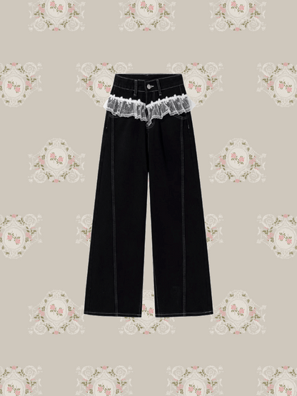 Lace Piping Wide Denim Pants/レースパイピングワイドデニムパンツ