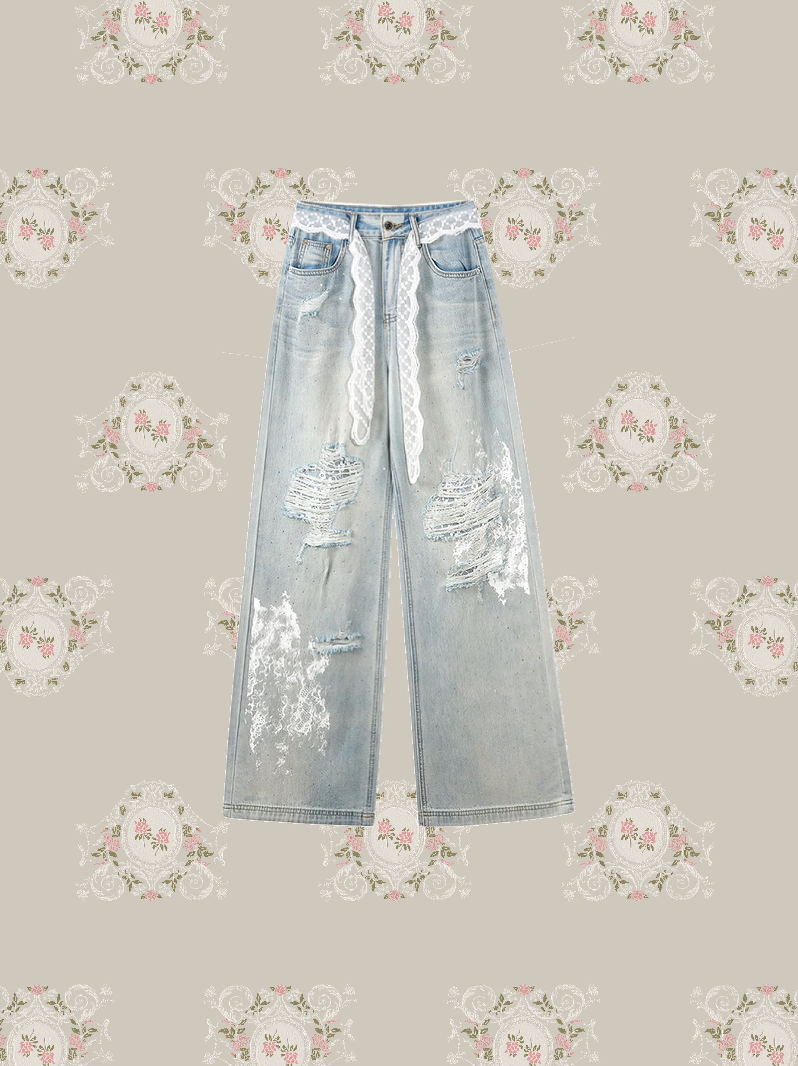 Crystal Lace Belt Ripped Jeans/クリスタルレースベルト リップドジーンズ