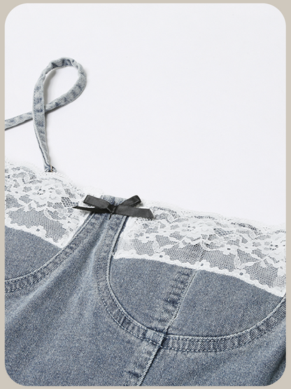 Silm Lace Stitch Denim Dress/シルム レースステッチ デニムドレス