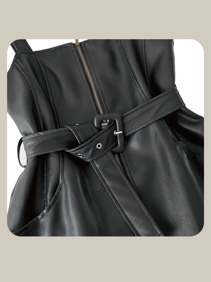 Belted Vest PU One-Piece 