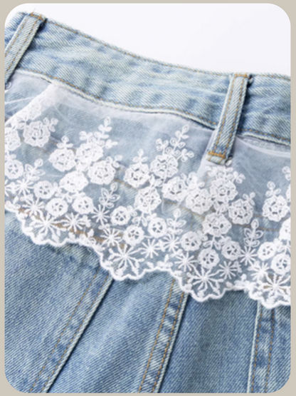 Wide Denim Pants With Lace Apron/レースエプロン付きワイドデニムパンツ