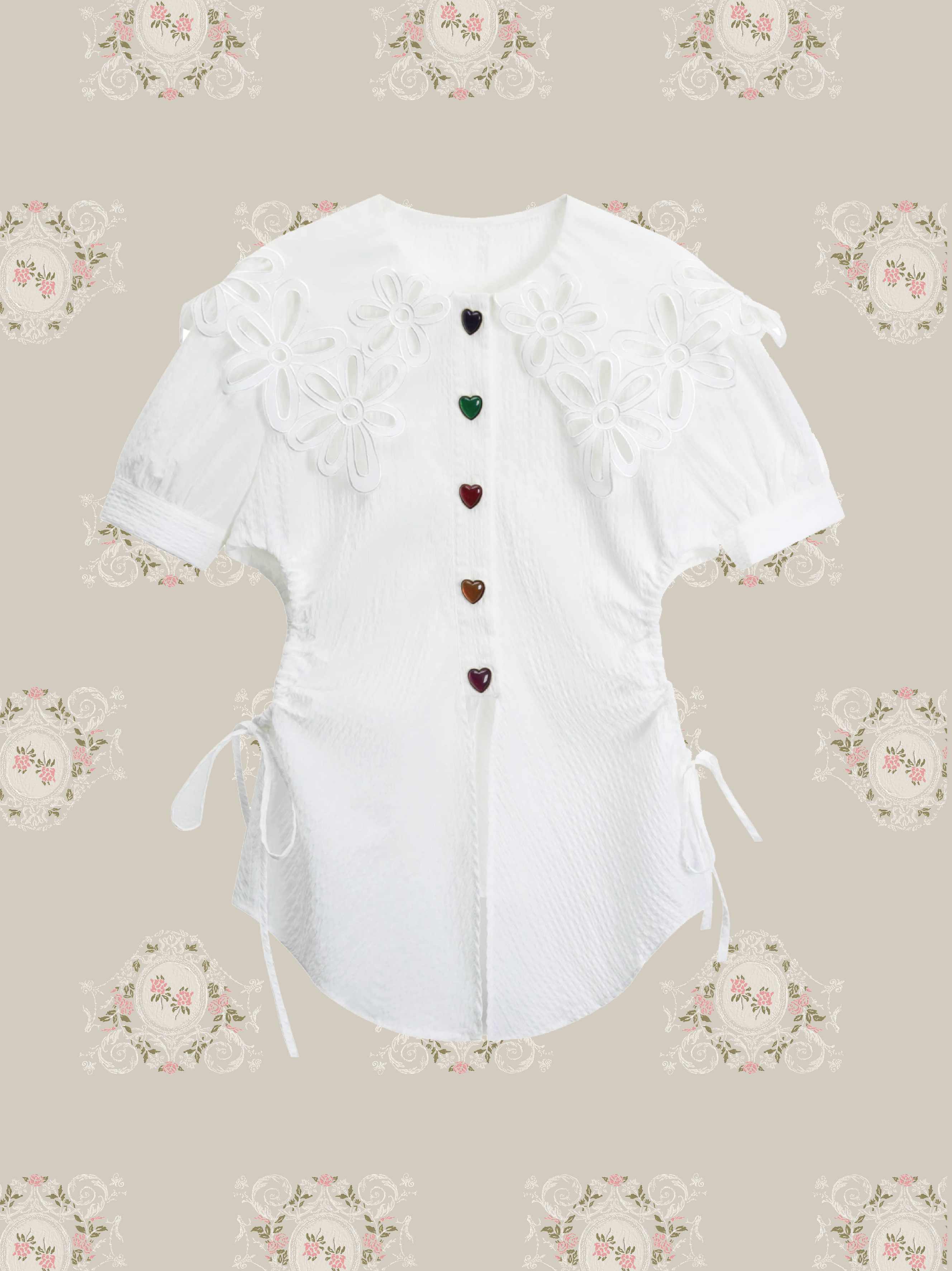 Embroidered Cutout Drawstring Blouse 