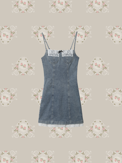 Silm Lace Stitch Denim Dress/シルム レースステッチ デニムドレス