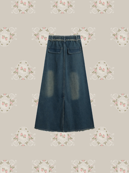 Washed Denim Fringe Skirt 