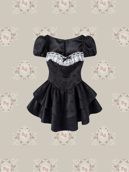 Lace Deco Ribbon Emboss Dress/レースデコリボンエンボスドレス