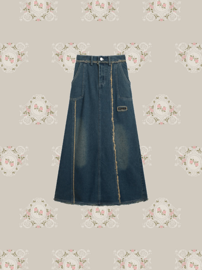 Washed Denim Fringe Skirt 