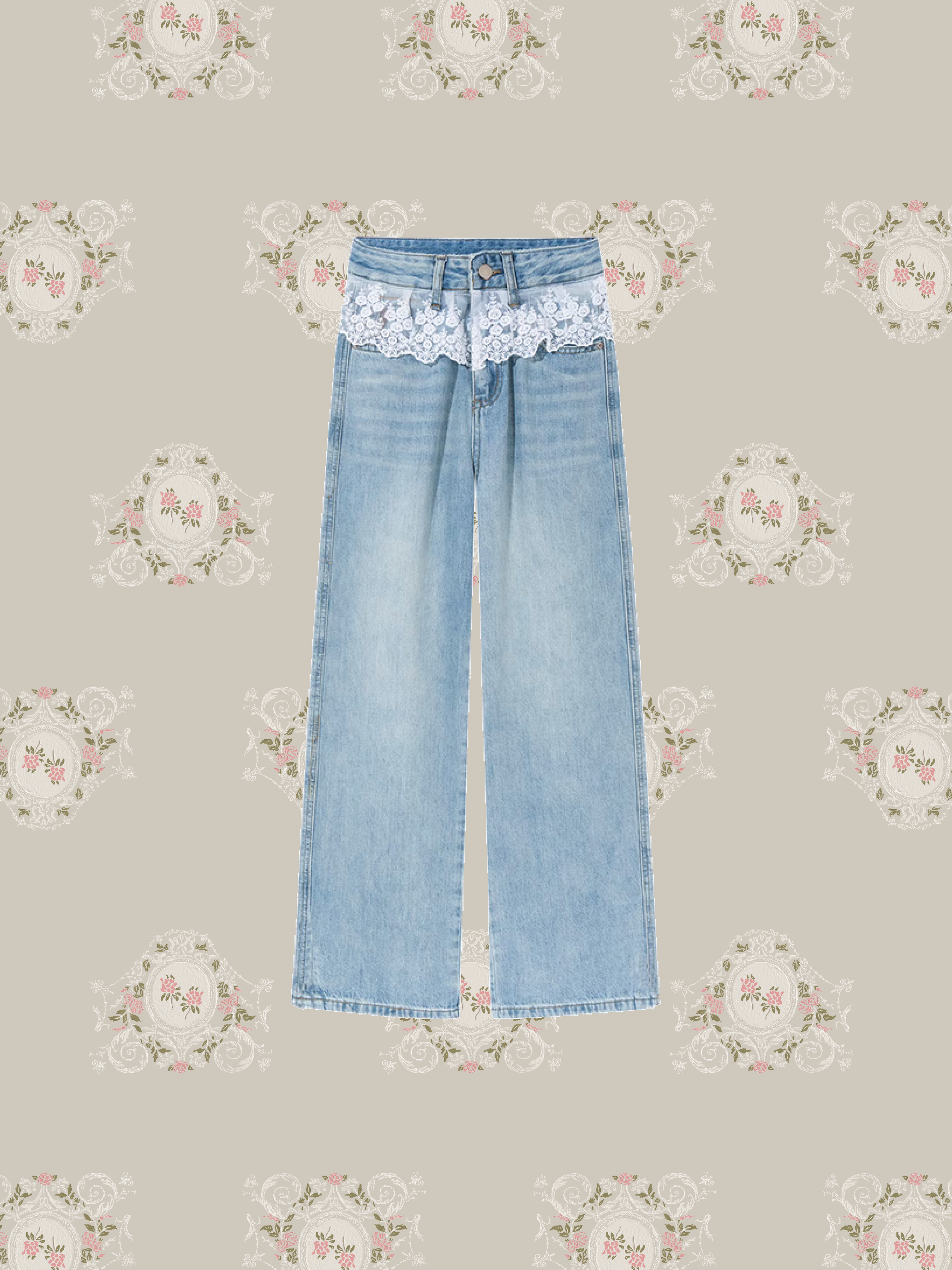 Wide Denim Pants With Lace Apron/レースエプロン付きワイドデニムパンツ