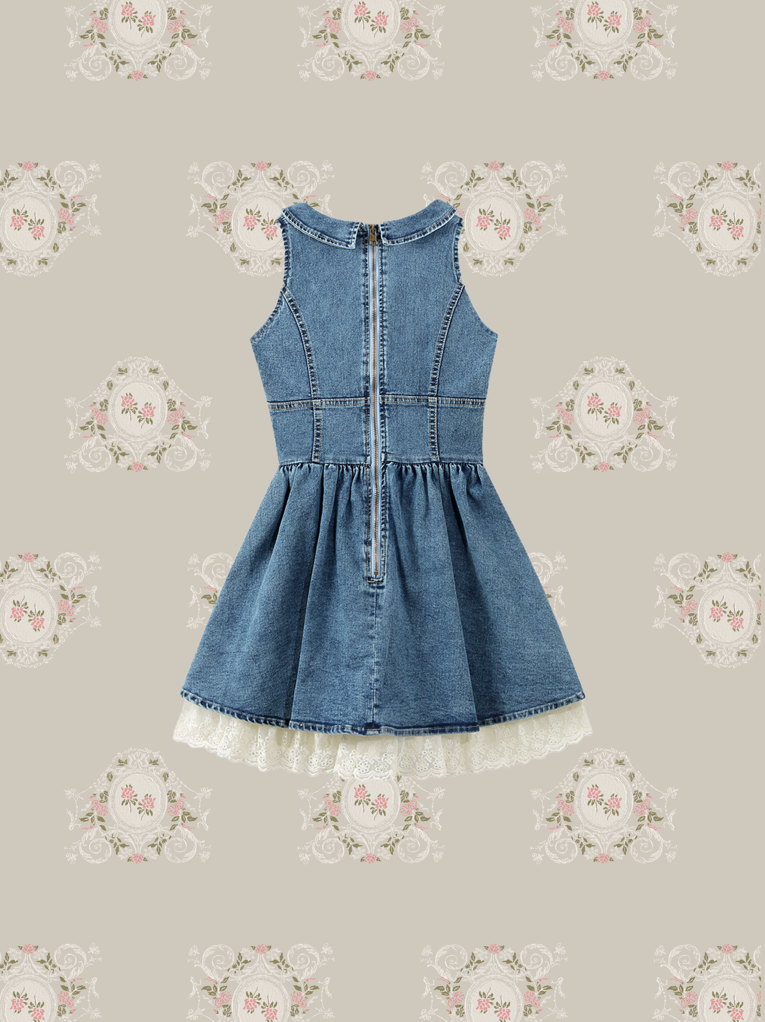 Lace Piping Pleats Denim Dress/レースパイピングプリーツデニムドレス