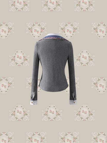 Stitching Shirt Layer Knit Top/ステッチシャツレイヤーニットトップス