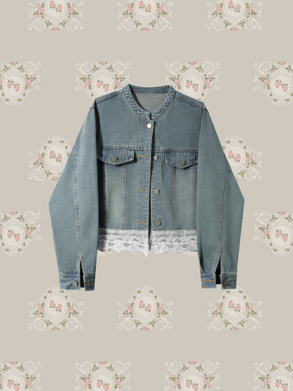 Cropped Lace Docking Denim Jacket/クロップド レース ドッキング デニム ジャケット