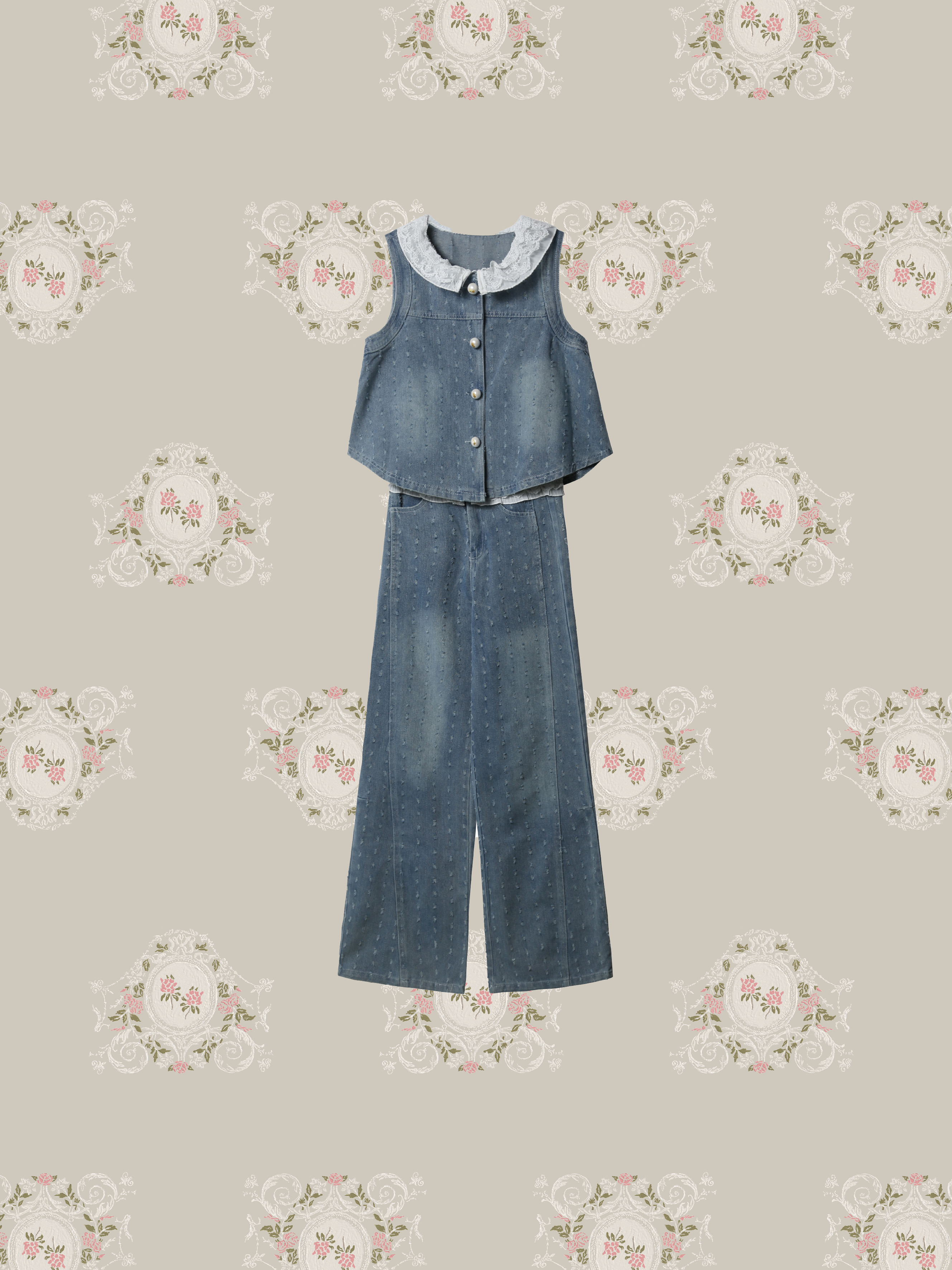 Fringe Design Lace Deco Denim Set Up/フリンジデザイン レースデコ デニムセットアップ