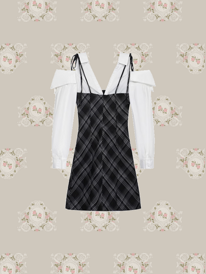Plaid Patchwork Off Shoulder One Piece/チェック柄パッチワークオフショルダーワンピース