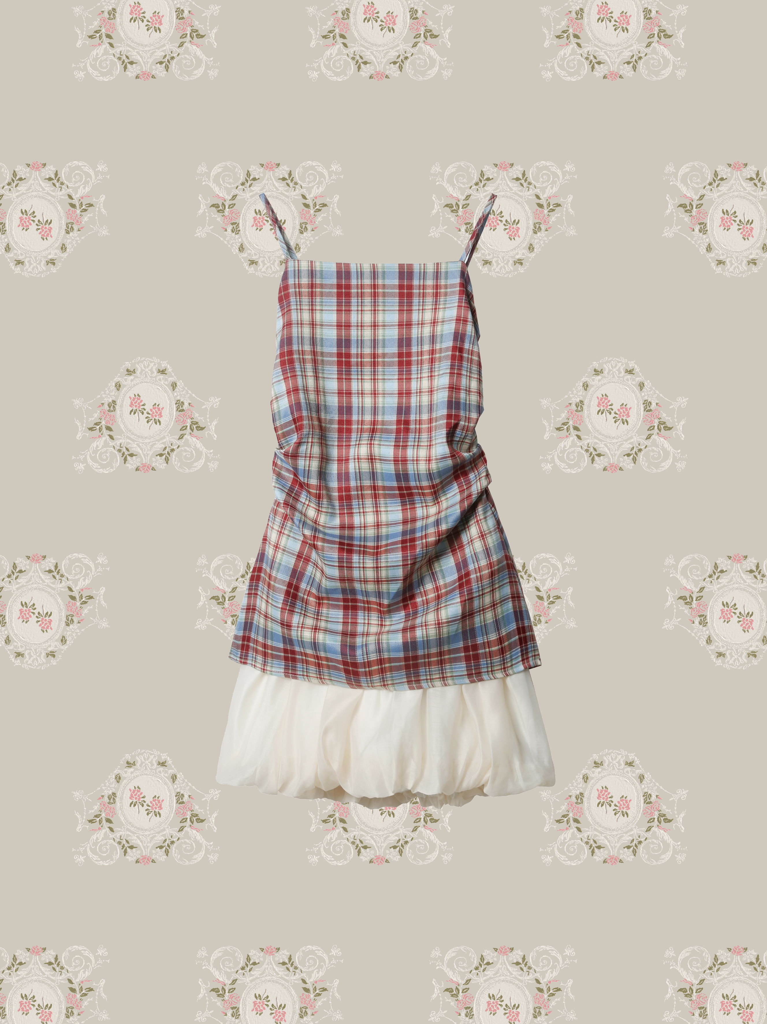 Red Plaid Puff Cami Dress/レッドチェック柄パフキャミワンピース
