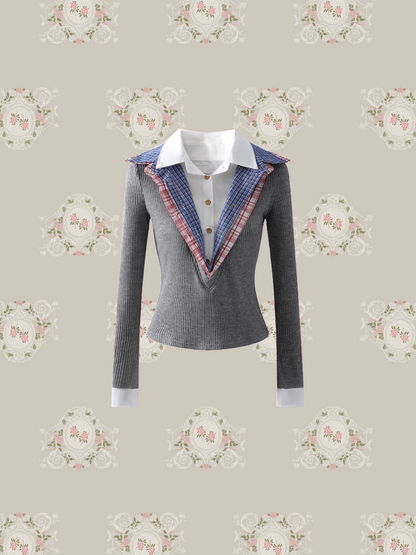 Stitching Shirt Layer Knit Top/ステッチシャツレイヤーニットトップス